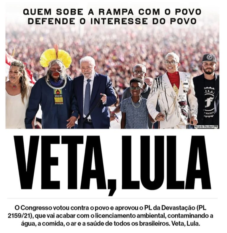 Ação nacional pede que Lula vete o PL da Devastação